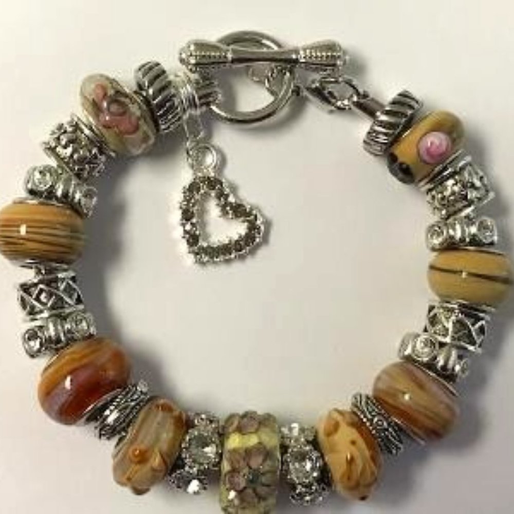 European Style Charm Bracelet With Murano Glass Beads, Toggle Clasp + Stopper